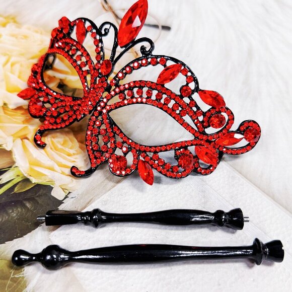 Red Masquerade Mask, Crystal Handheld Mask, Black Mask with Stick, Venetian Mask main image 5